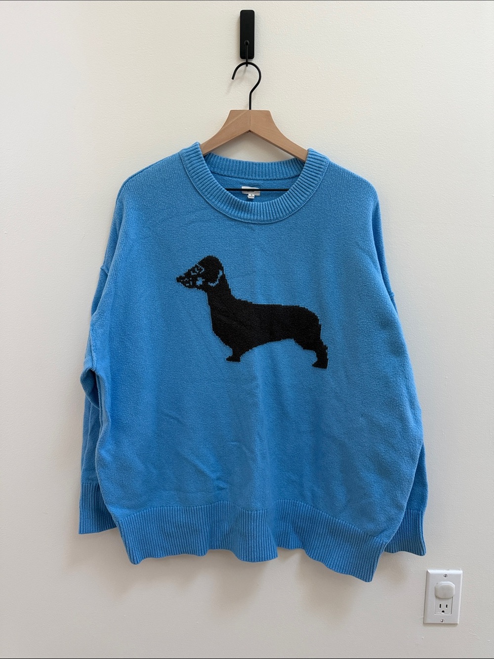 aerie Blue Crewneck Sweater with Black Dachshund Motif